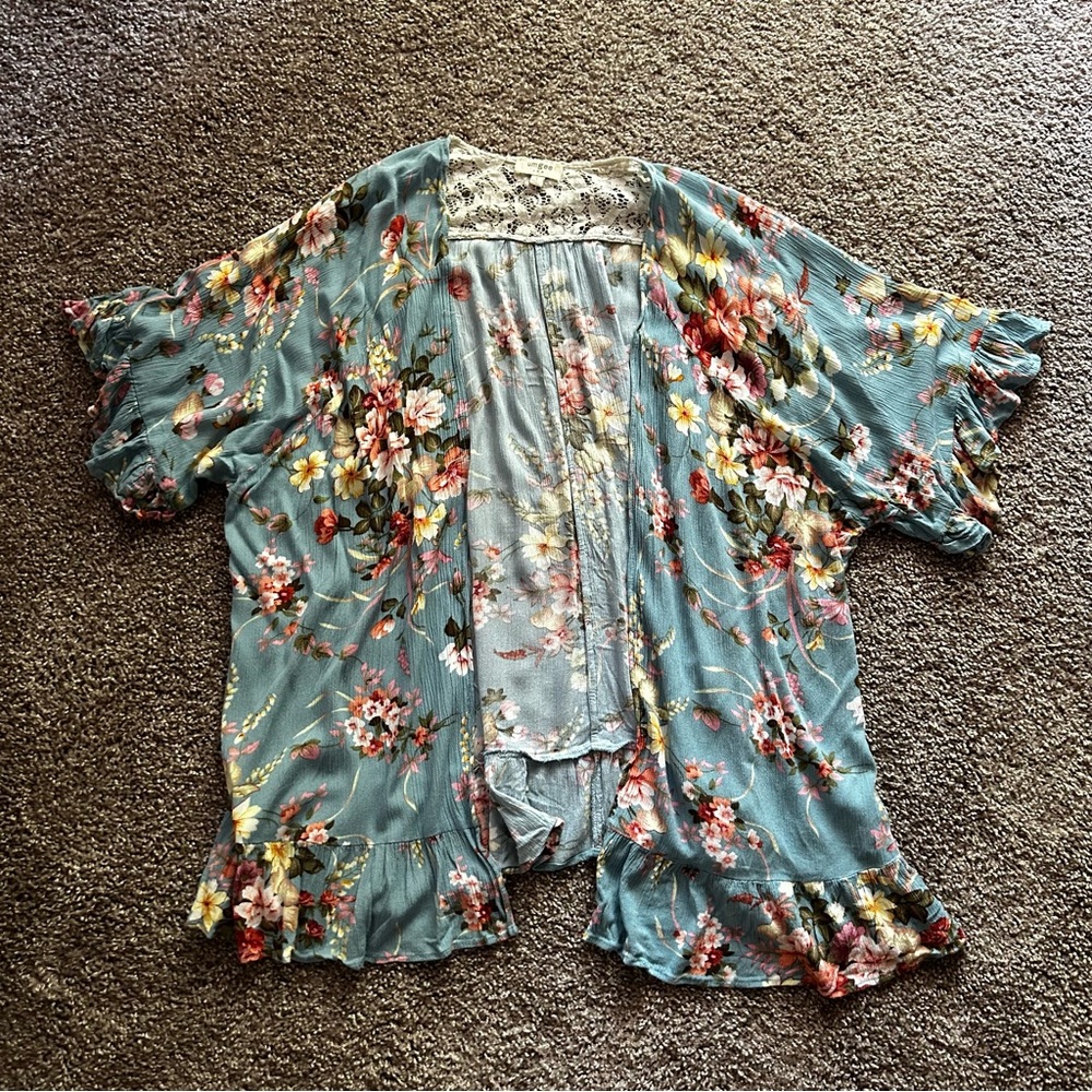 Umgee Ruffled Relaxed Cardigan Blue L